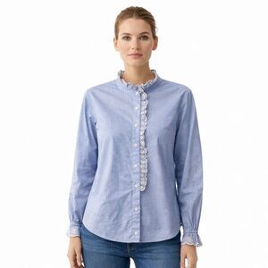 Talbots Shirt Womens Medium Blue Chambray Ruffle Button Front Long Sleeve Top